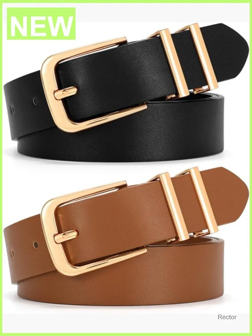 2 Pack Faux Leather Belts for Jeans Pants with Gold Buckle 1 Inch
